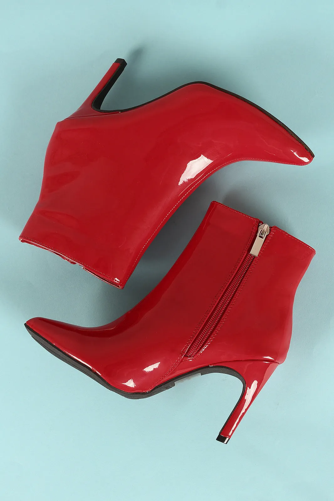 Bamboo Patent Pointy Toe Kitten Heeled Booties