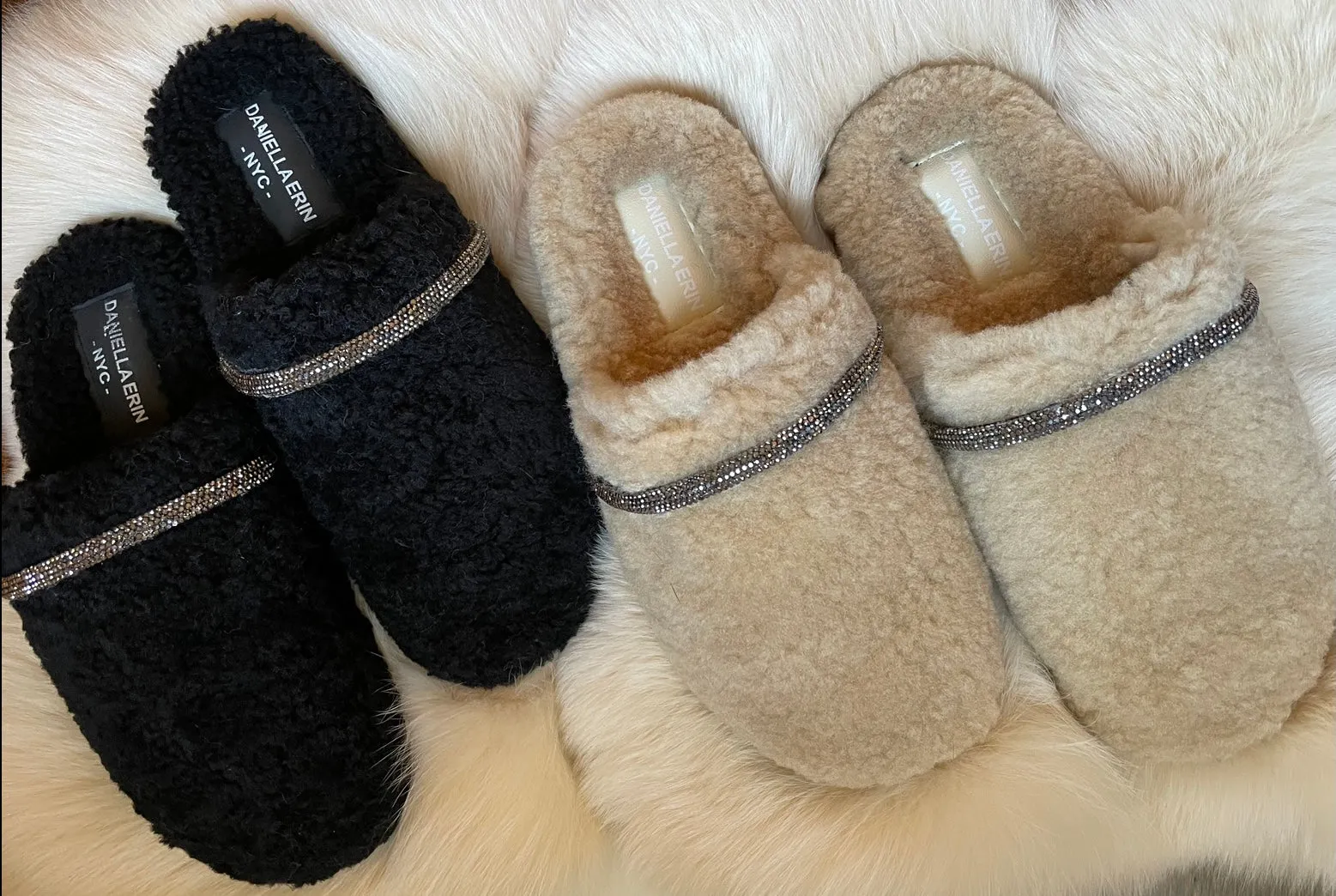 Beaded Shearling Slides