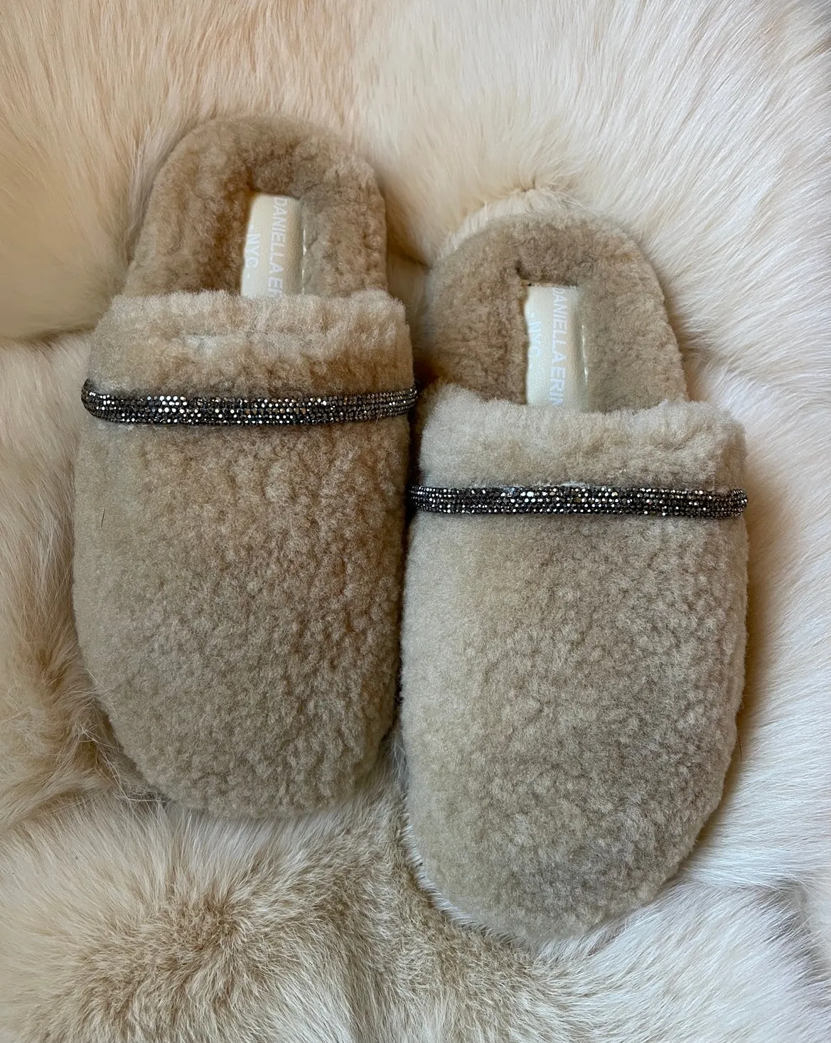 Beaded Shearling Slides