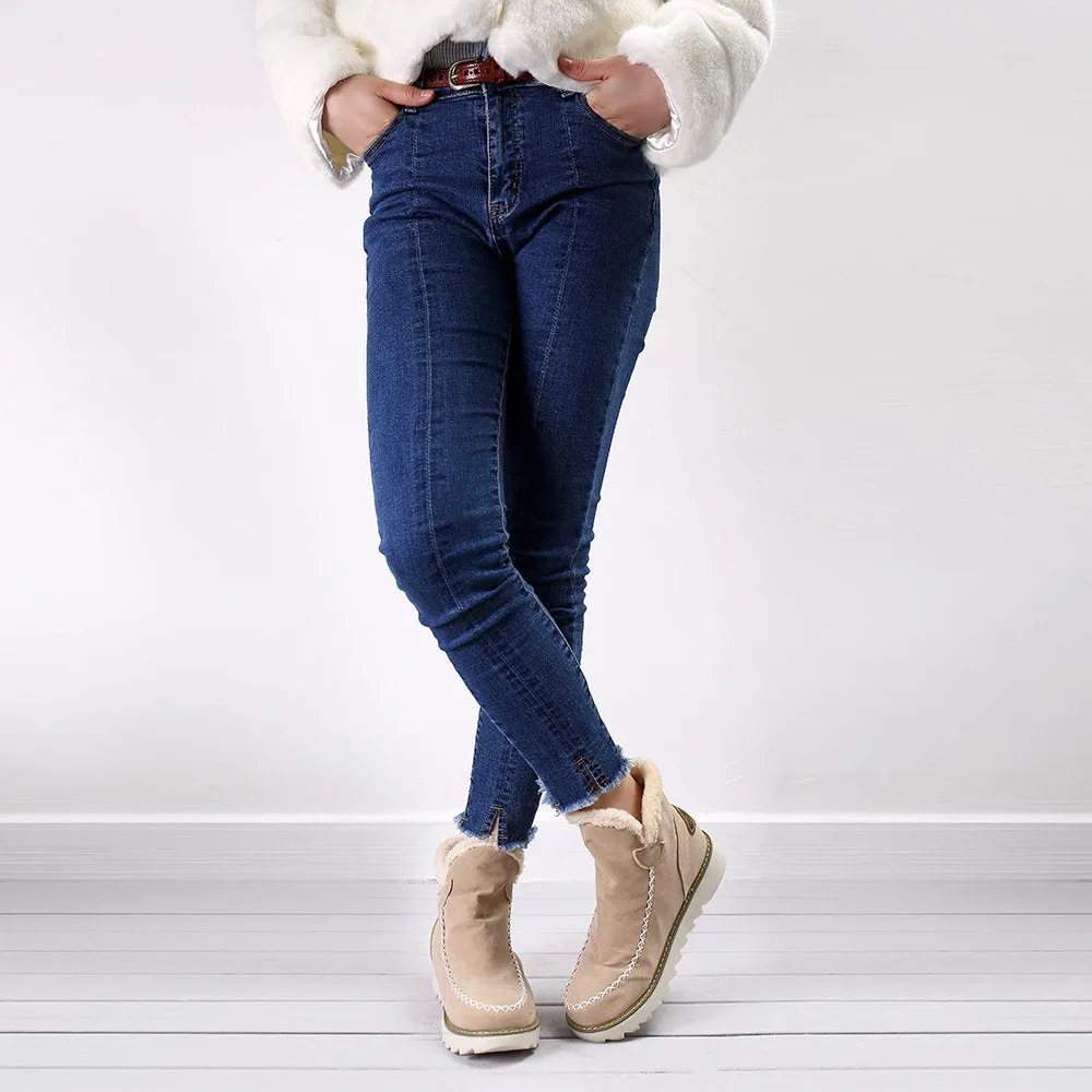 Big Size Pure Color Warm Fur Lining Winter Ankle Snow Boots For Women