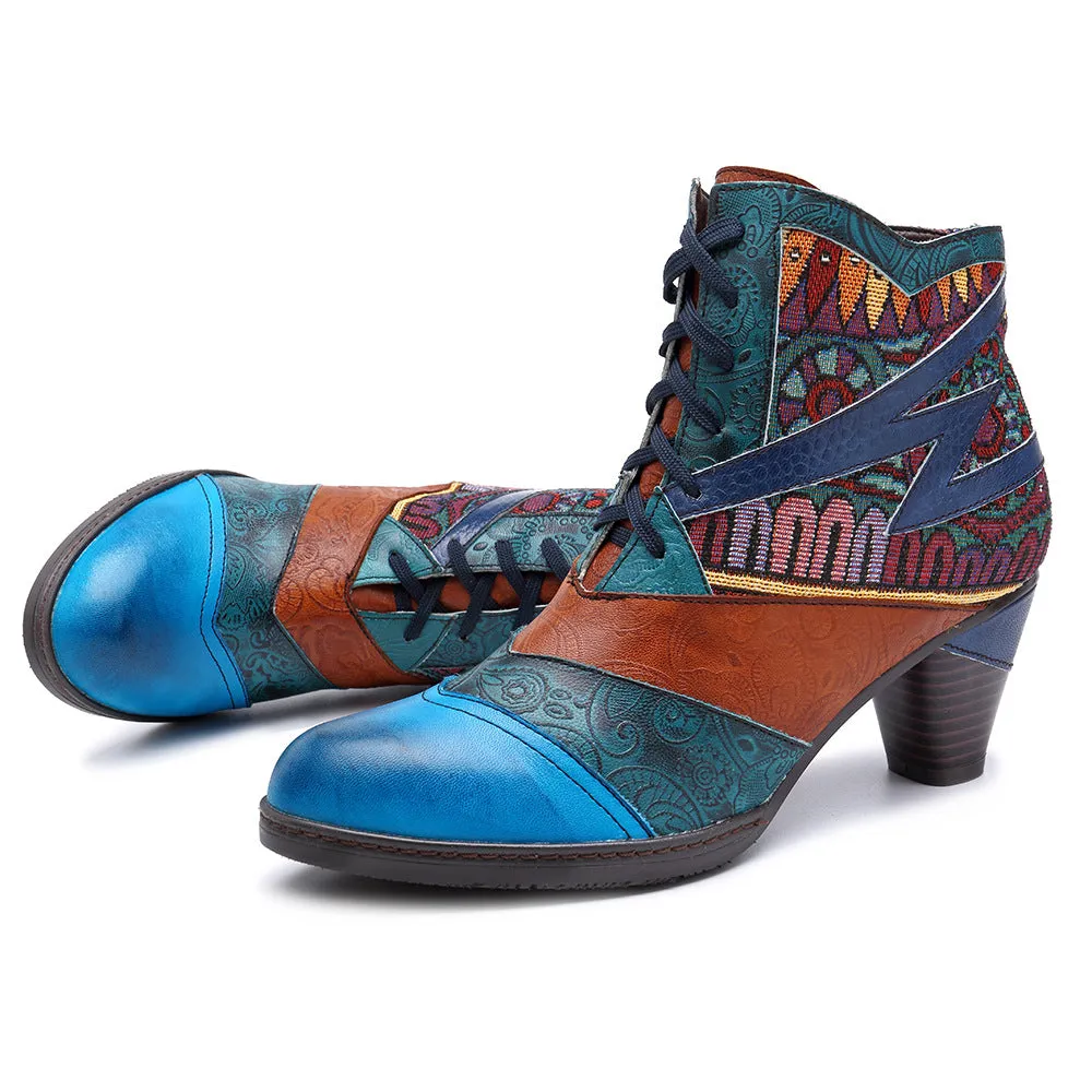 Bohemian Splicing Pattern Block Zipper Ankle Leather Boots