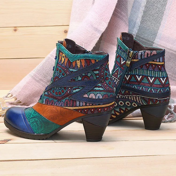 Bohemian Splicing Pattern Block Zipper Ankle Leather Boots