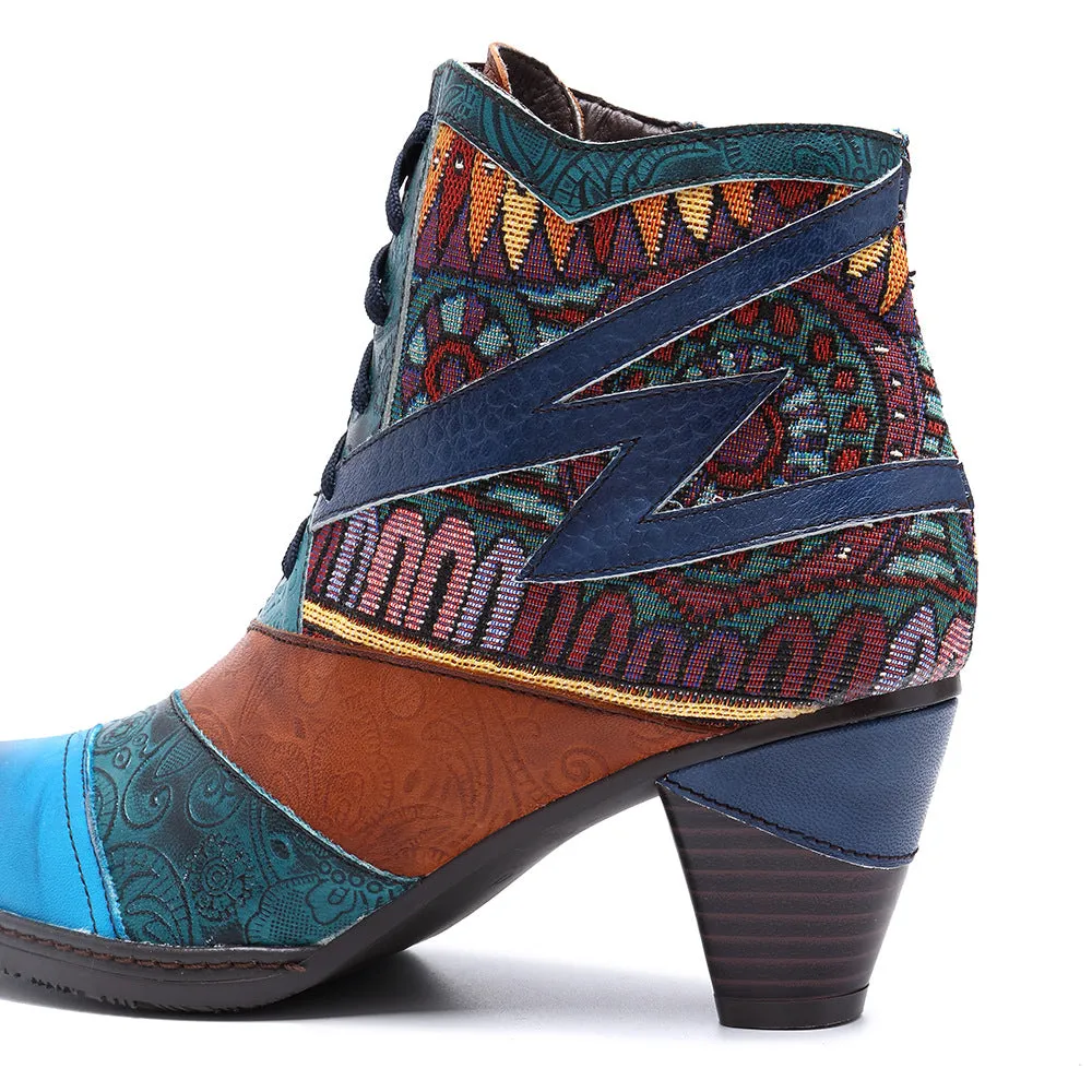 Bohemian Splicing Pattern Block Zipper Ankle Leather Boots
