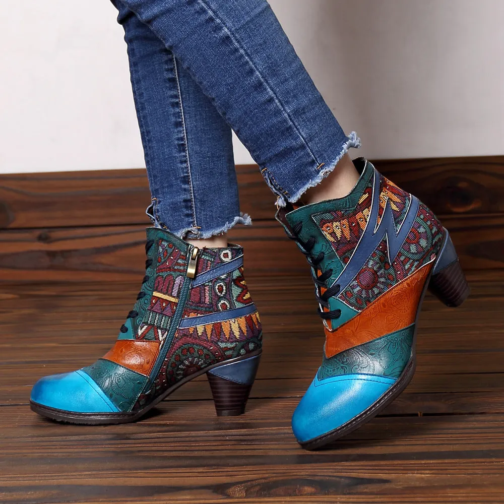 Bohemian Splicing Pattern Block Zipper Ankle Leather Boots