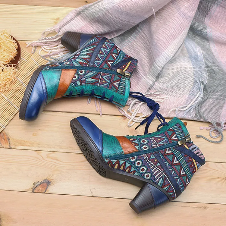 Bohemian Splicing Pattern Block Zipper Ankle Leather Boots
