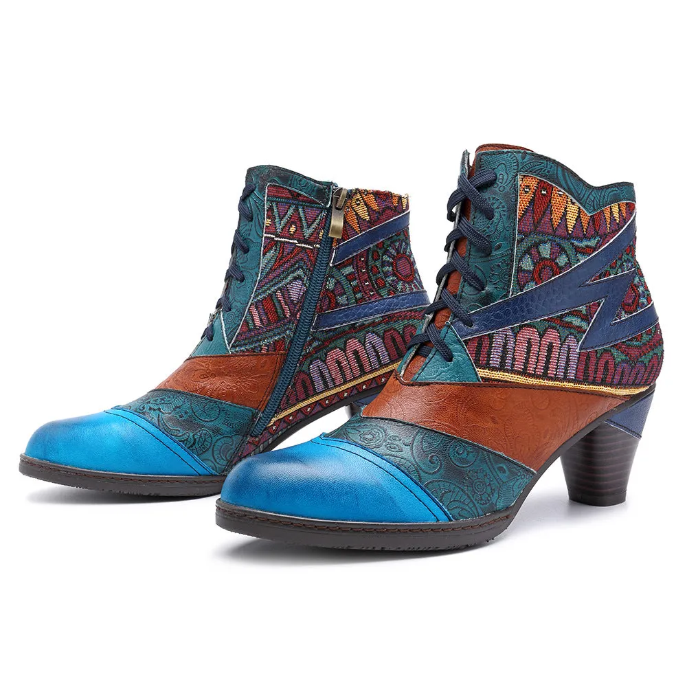Bohemian Splicing Pattern Block Zipper Ankle Leather Boots