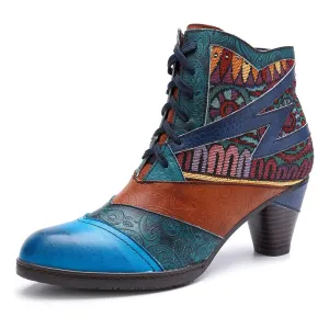 Bohemian Splicing Pattern Block Zipper Ankle Leather Boots