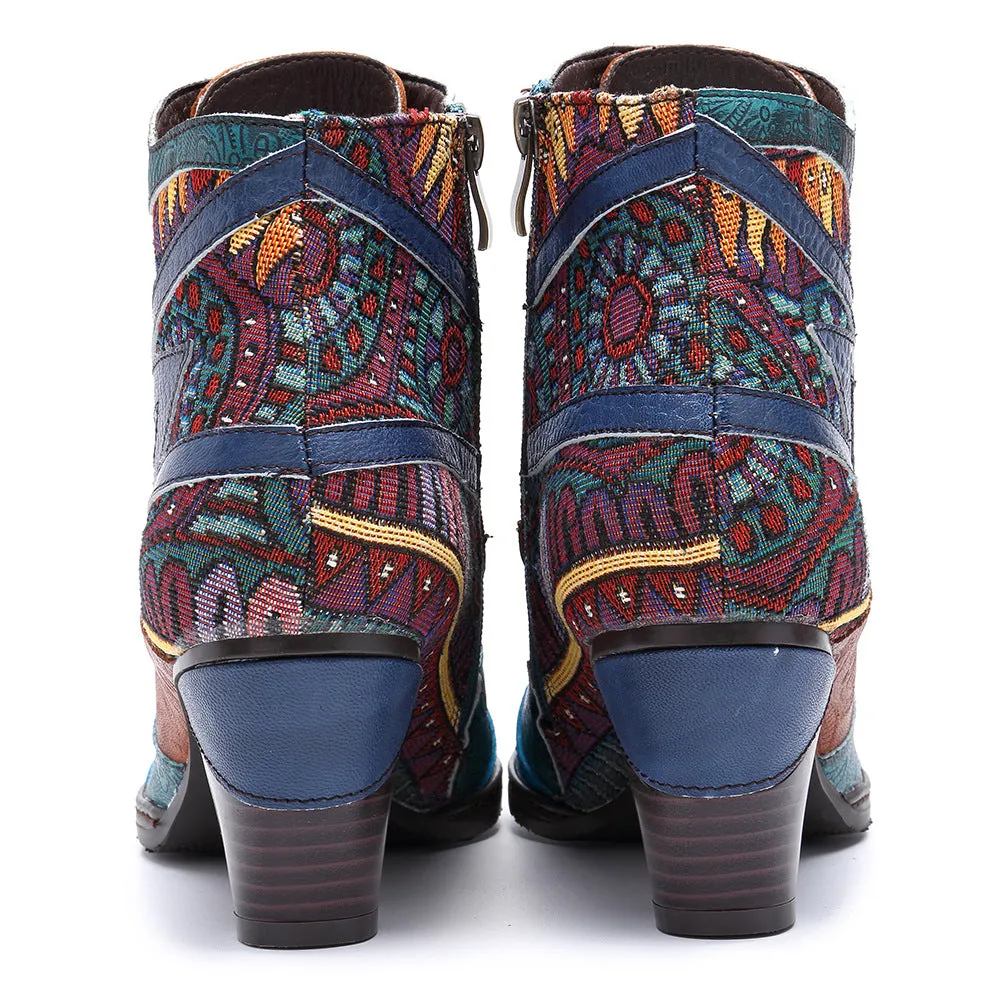 Bohemian Splicing Pattern Block Zipper Ankle Leather Boots