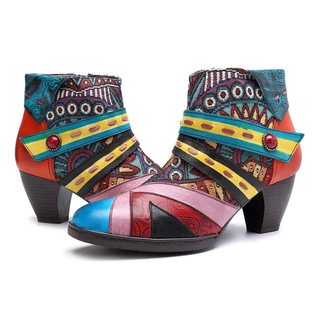 Bohemian Splicing Pattern Zipper Ankle Leather Boots