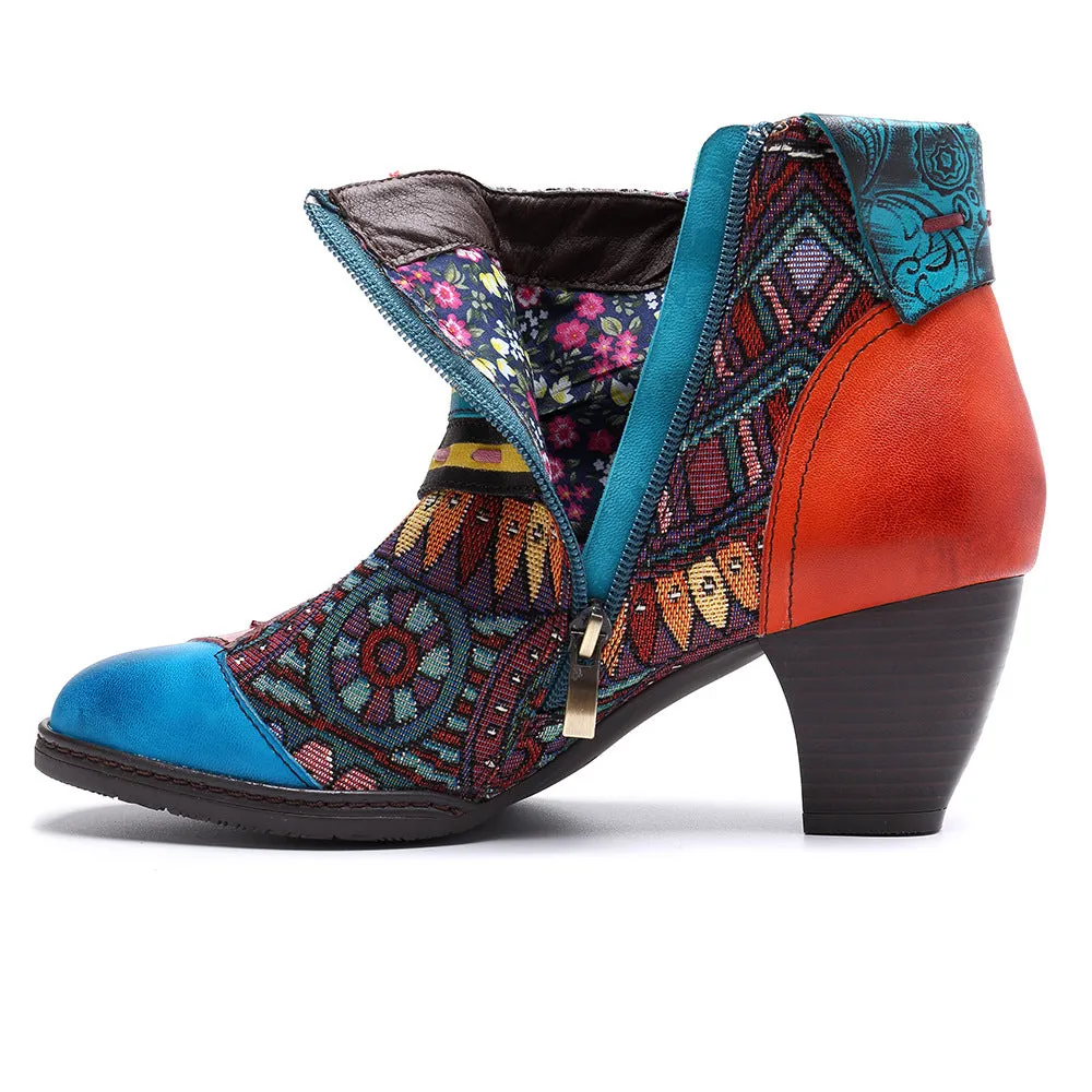 Bohemian Splicing Pattern Zipper Ankle Leather Boots