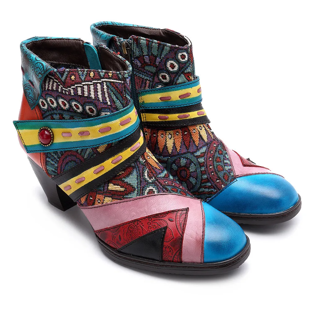 Bohemian Splicing Pattern Zipper Ankle Leather Boots
