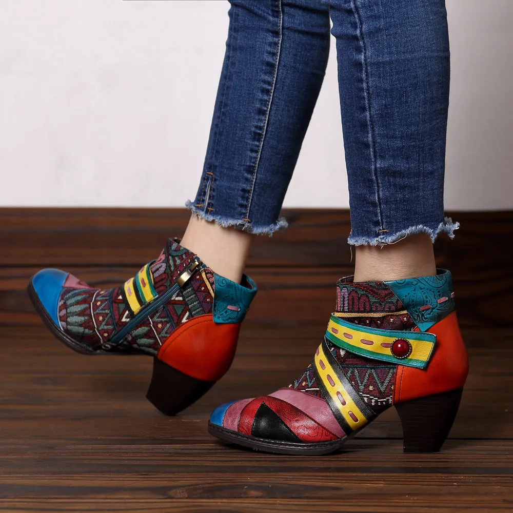Bohemian Splicing Pattern Zipper Ankle Leather Boots