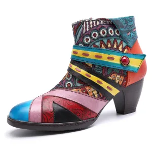 Bohemian Splicing Pattern Zipper Ankle Leather Boots