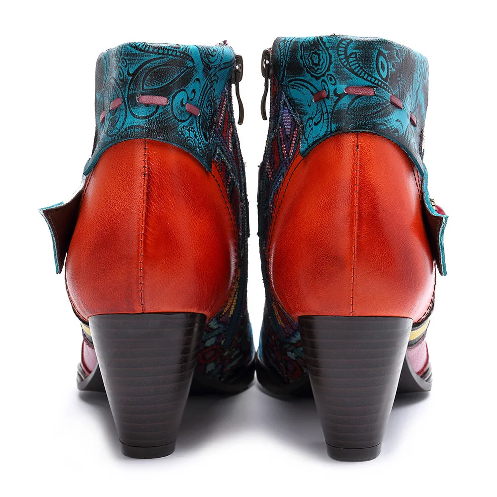 Bohemian Splicing Pattern Zipper Ankle Leather Boots