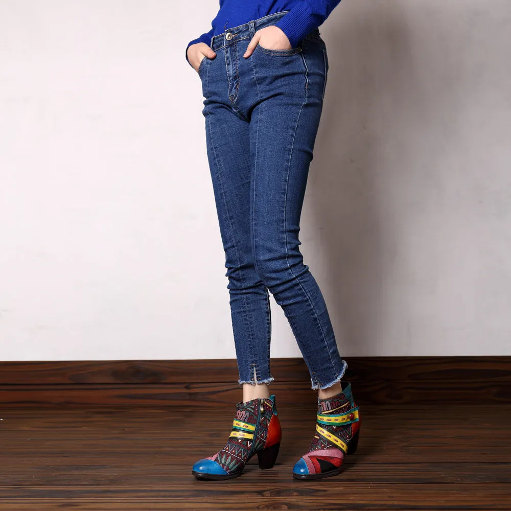 Bohemian Splicing Pattern Zipper Ankle Leather Boots