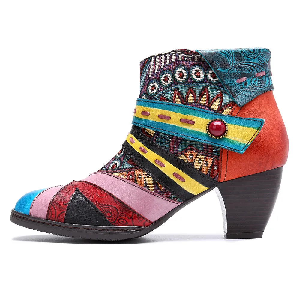 Bohemian Splicing Pattern Zipper Ankle Leather Boots
