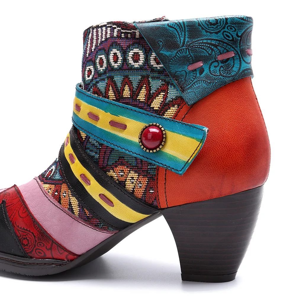 Bohemian Splicing Pattern Zipper Ankle Leather Boots