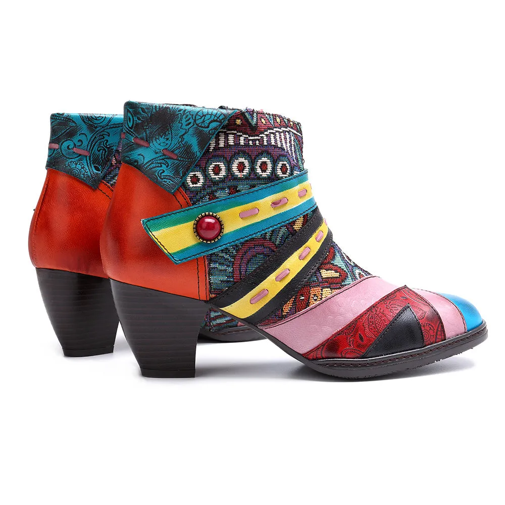 Bohemian Splicing Pattern Zipper Ankle Leather Boots