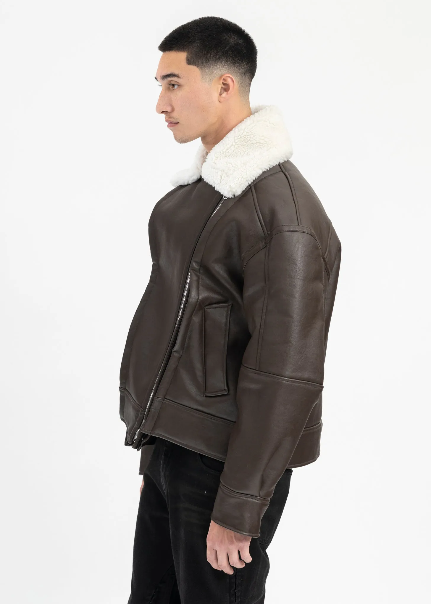 DARK BROWN/ OFF WHITE HOOK AND EYE SHEARLING JACKET