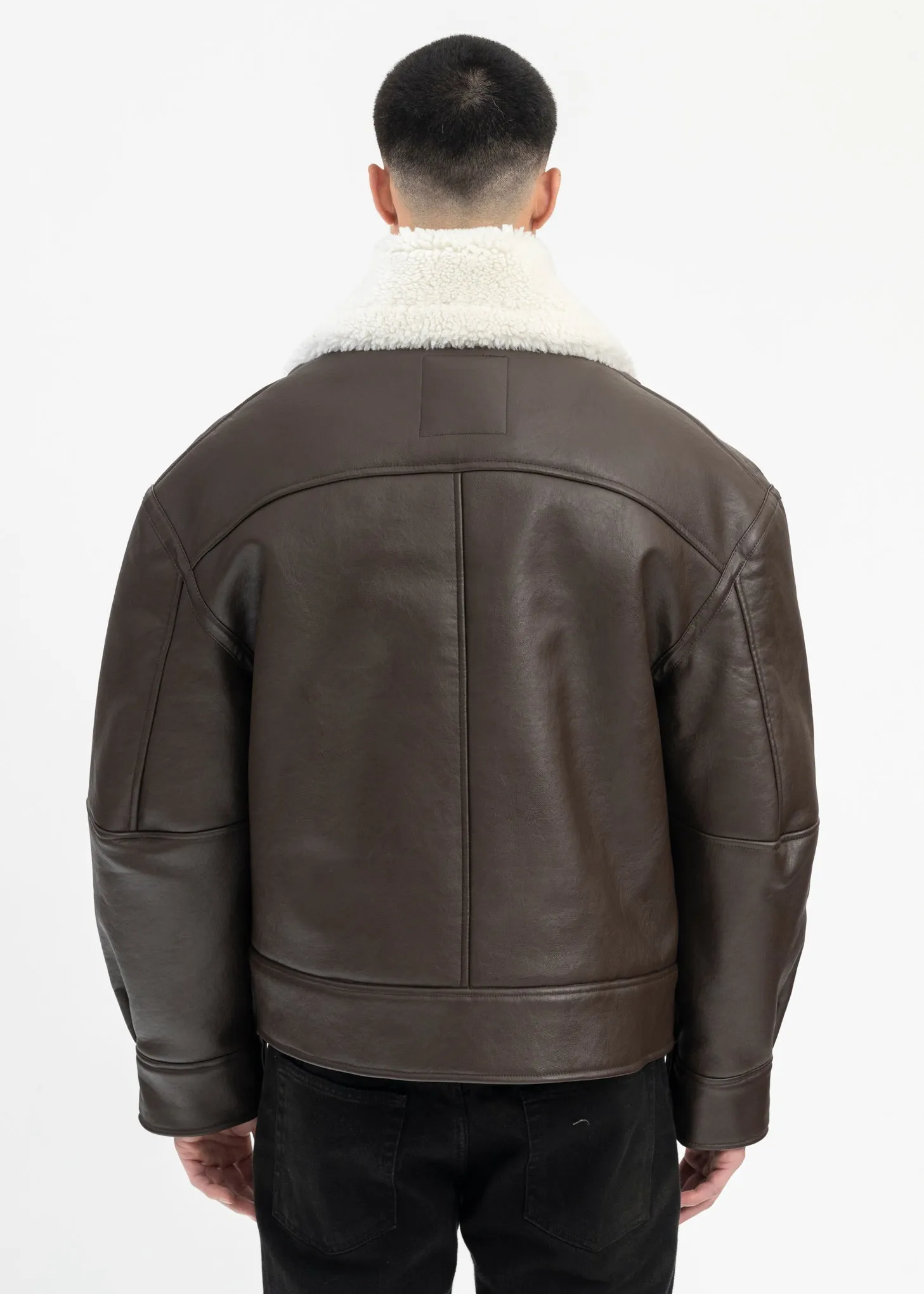 DARK BROWN/ OFF WHITE HOOK AND EYE SHEARLING JACKET