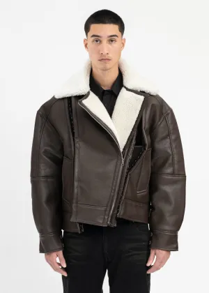 DARK BROWN/ OFF WHITE HOOK AND EYE SHEARLING JACKET