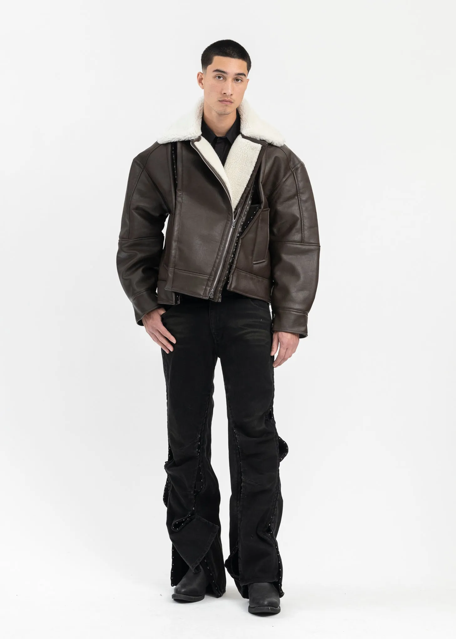 DARK BROWN/ OFF WHITE HOOK AND EYE SHEARLING JACKET