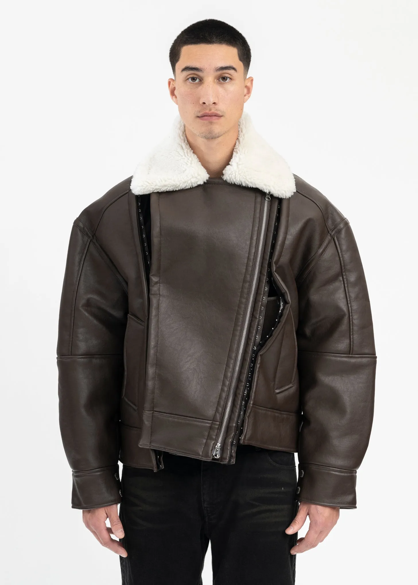 DARK BROWN/ OFF WHITE HOOK AND EYE SHEARLING JACKET