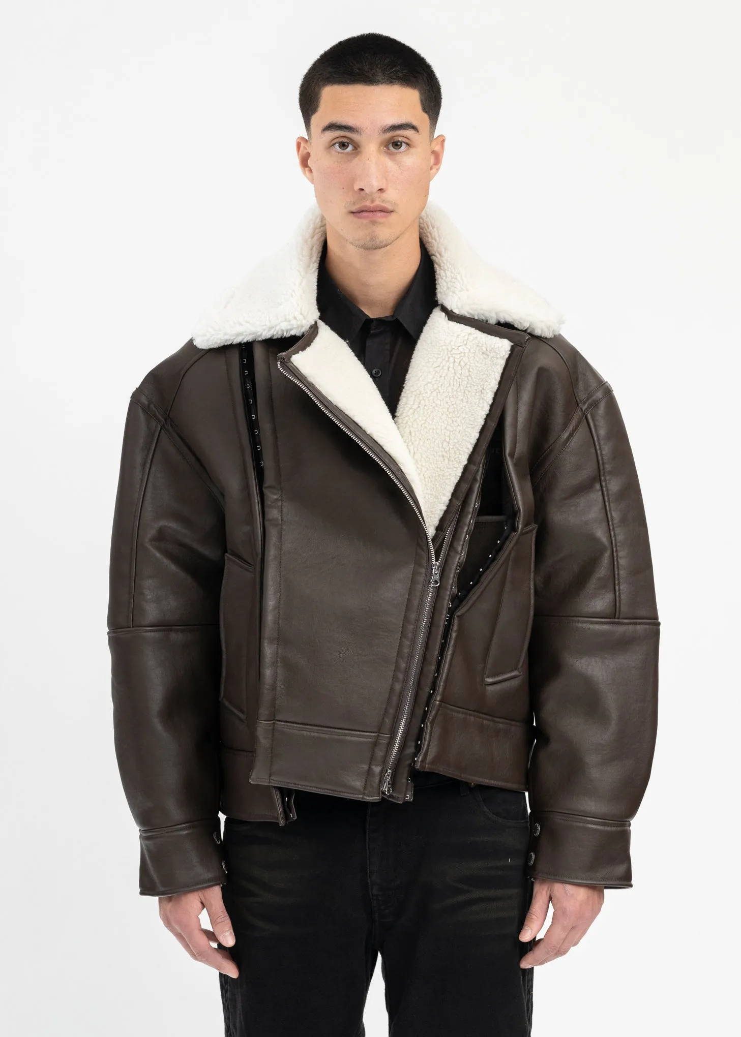 DARK BROWN/ OFF WHITE HOOK AND EYE SHEARLING JACKET