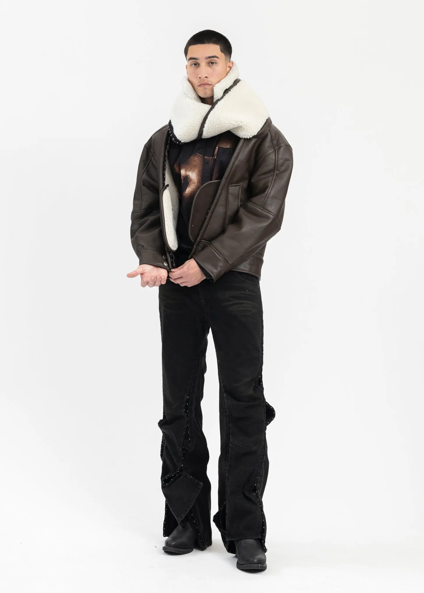 DARK BROWN/ OFF WHITE HOOK AND EYE SHEARLING JACKET