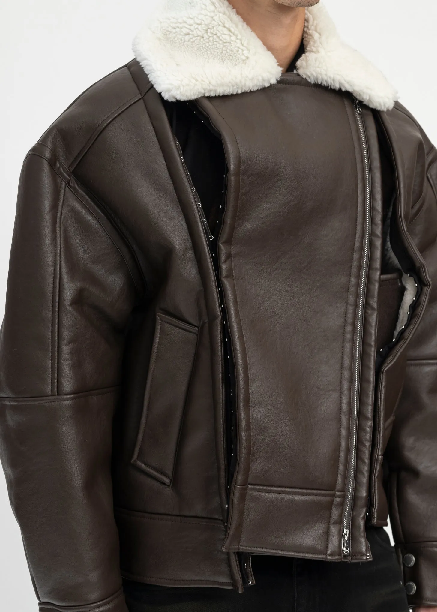 DARK BROWN/ OFF WHITE HOOK AND EYE SHEARLING JACKET