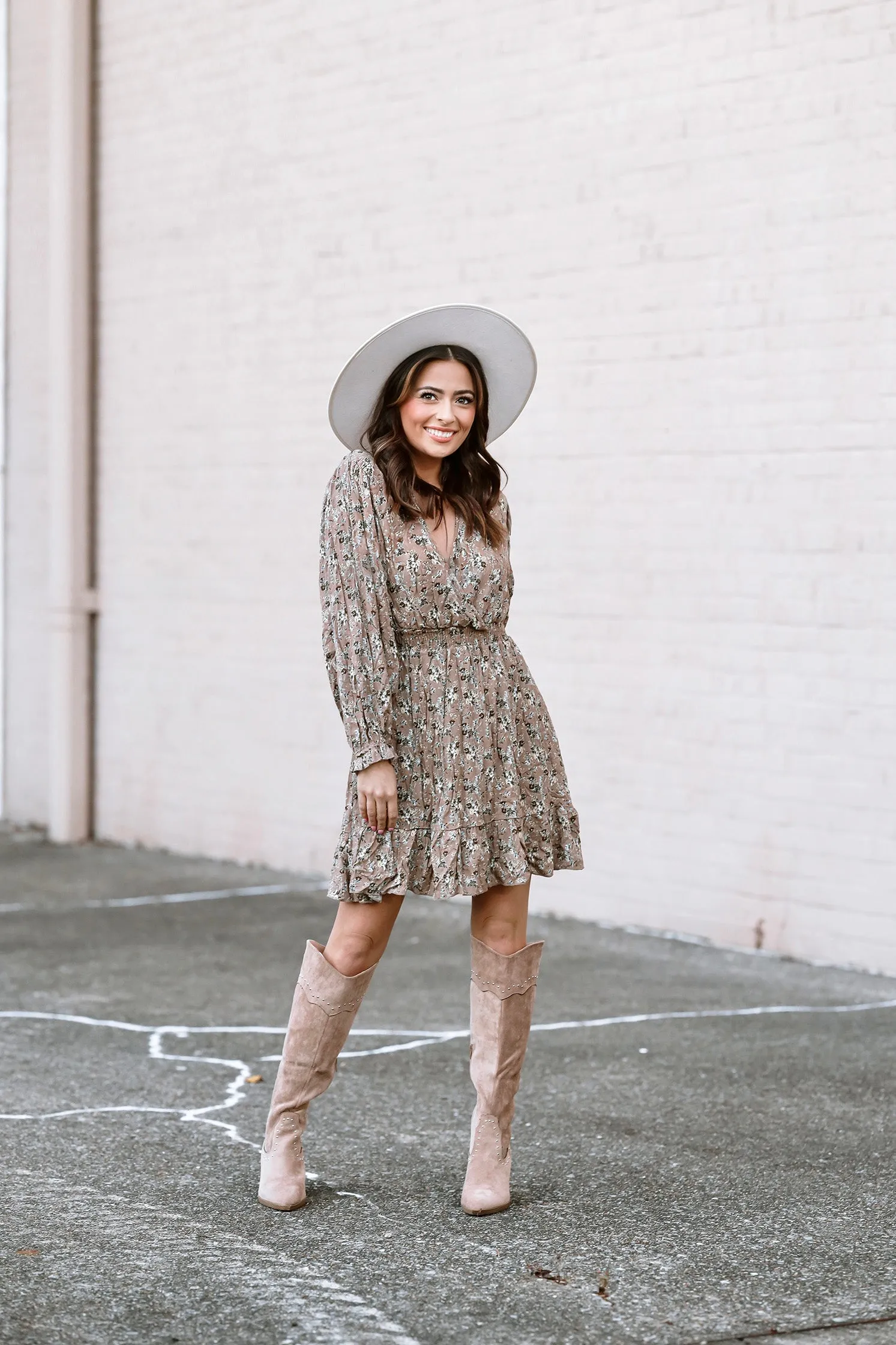 Floral Dreams Boho Chic Floral Print Dress - Mocha