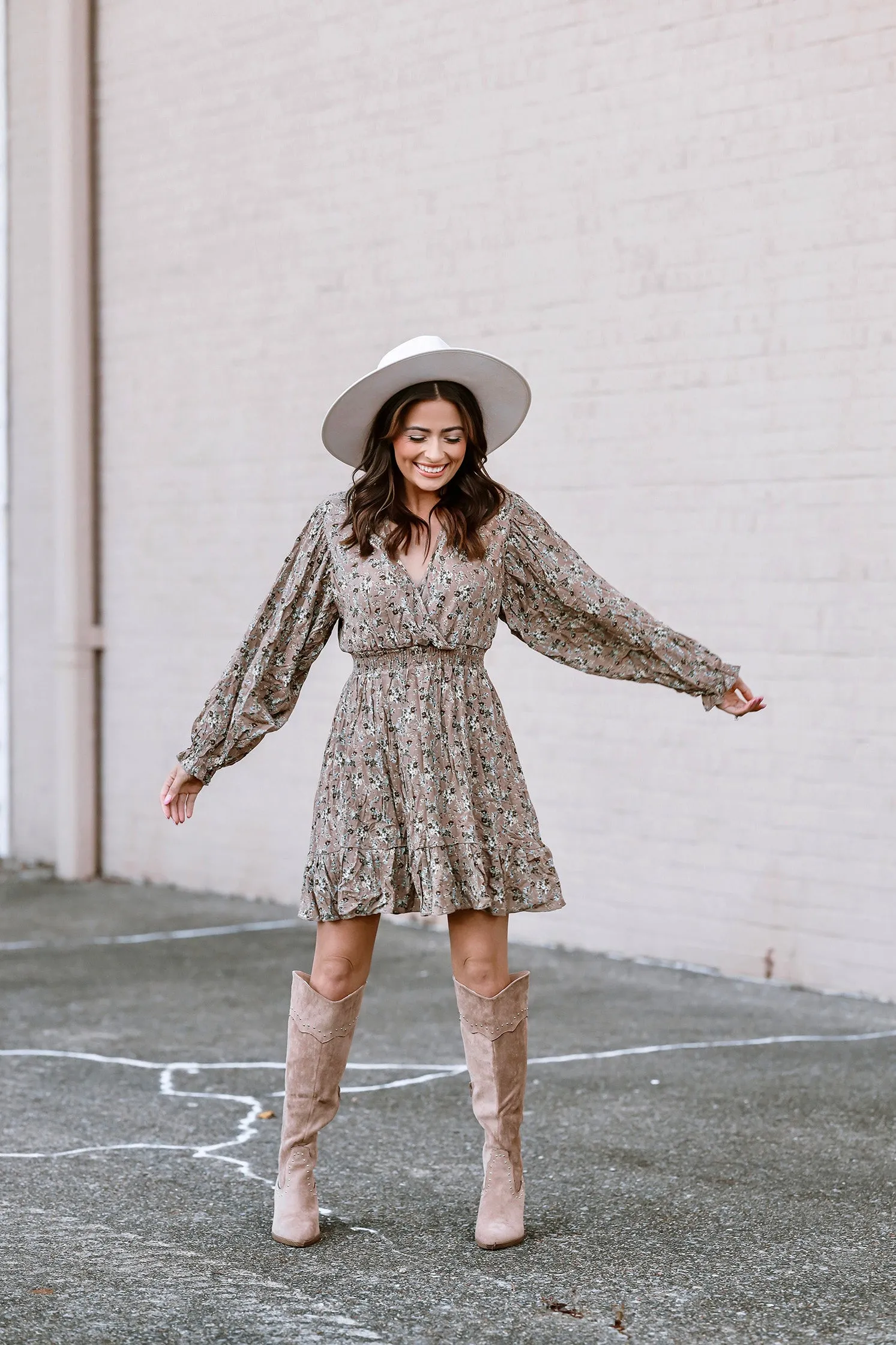 Floral Dreams Boho Chic Floral Print Dress - Mocha