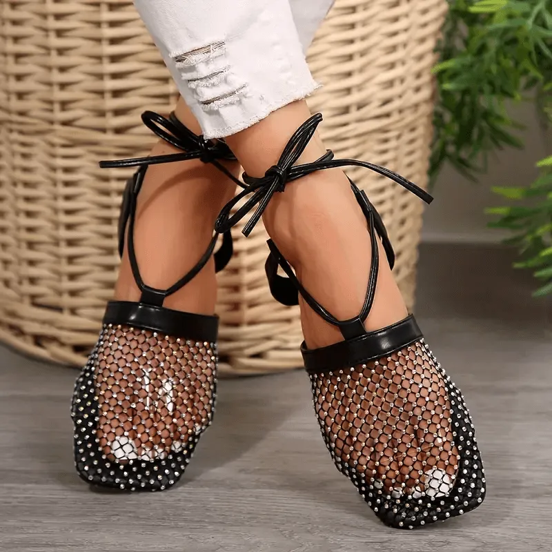 Lace-up Embellished Rhinestone Flat Sandals