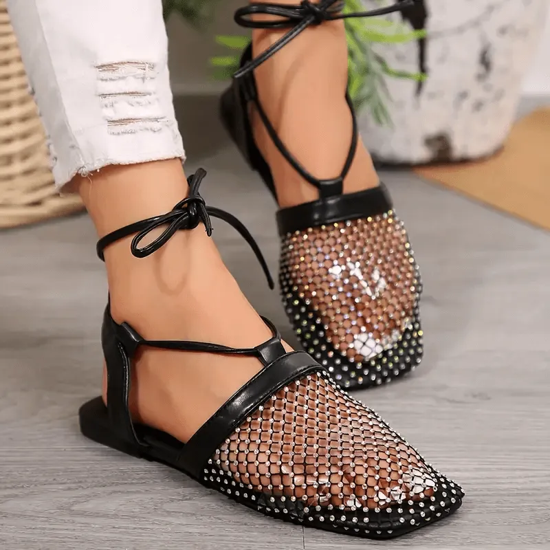 Lace-up Embellished Rhinestone Flat Sandals