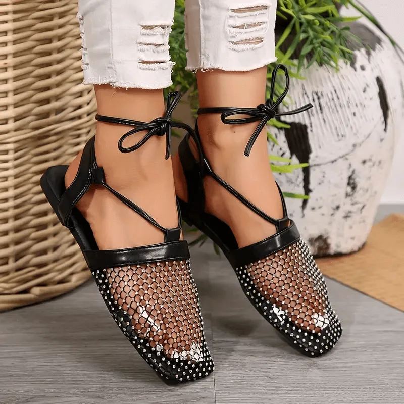 Lace-up Embellished Rhinestone Flat Sandals