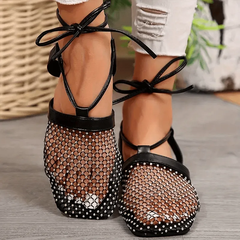 Lace-up Embellished Rhinestone Flat Sandals