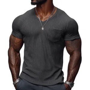 Men's Casual Ribbed Cotton Blend V-neck Slim Fit Short-sleeved T-shirt