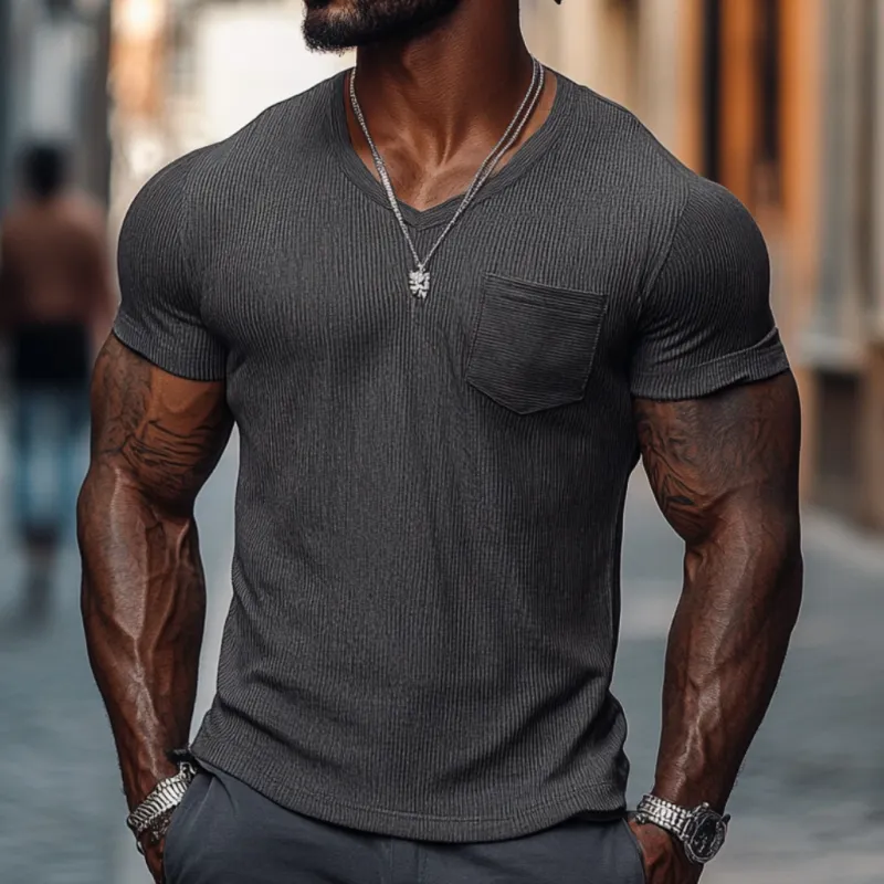 Men's Casual Ribbed Cotton Blend V-neck Slim Fit Short-sleeved T-shirt