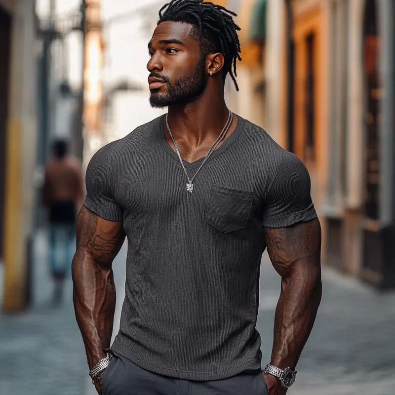 Men's Casual Ribbed Cotton Blend V-neck Slim Fit Short-sleeved T-shirt