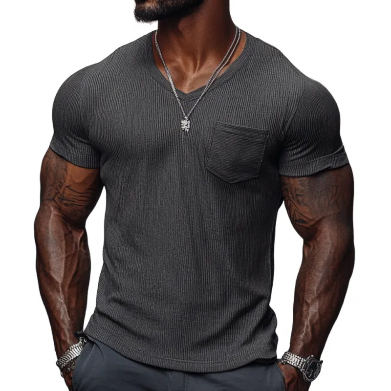 Men's Casual Ribbed Cotton Blend V-neck Slim Fit Short-sleeved T-shirt