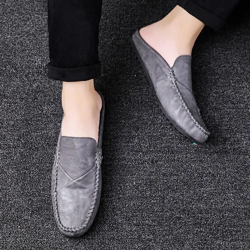 Men's Loafers Solid Color Round Toe Vegan Leather Half Loafers Shoes Flat Heel Flexible Slip Resistant Casual Slip-ons