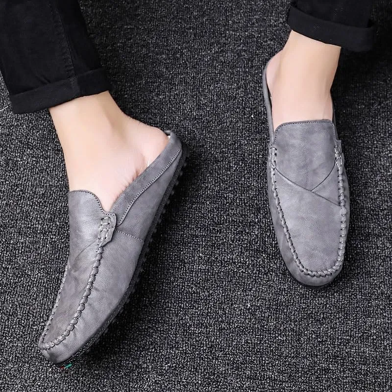 Men's Loafers Solid Color Round Toe Vegan Leather Half Loafers Shoes Flat Heel Flexible Slip Resistant Casual Slip-ons