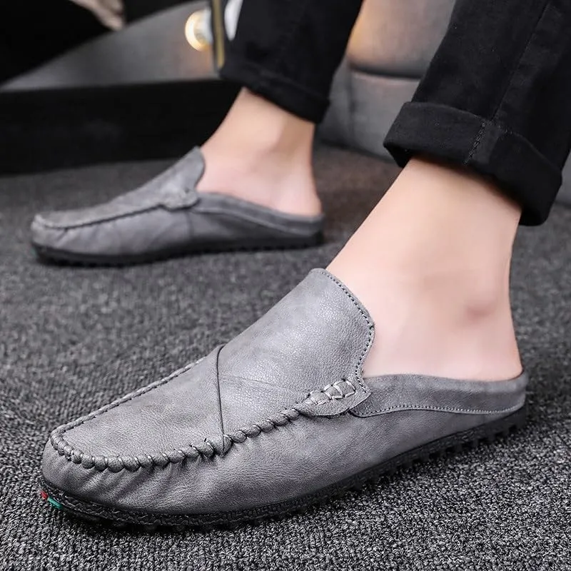 Men's Loafers Solid Color Round Toe Vegan Leather Half Loafers Shoes Flat Heel Flexible Slip Resistant Casual Slip-ons