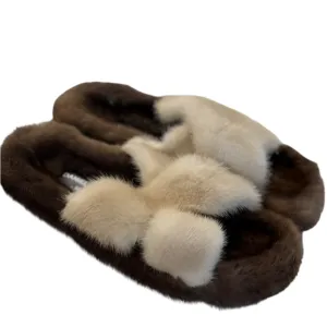 MINK CROSS OVER SLIDES - DARK BROWN/IVORY