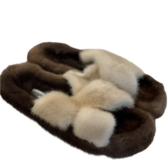 MINK CROSS OVER SLIDES - DARK BROWN/IVORY
