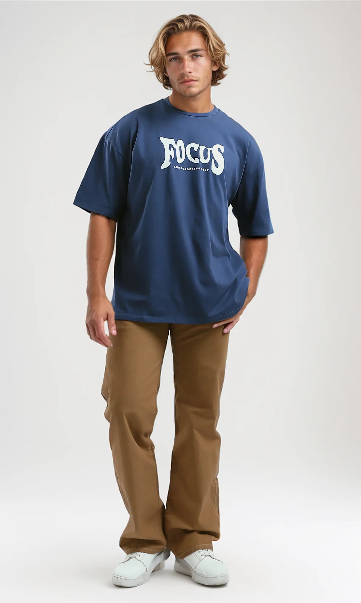 O182396 Front & Back Printed Jeans Blue Round Neck Tee