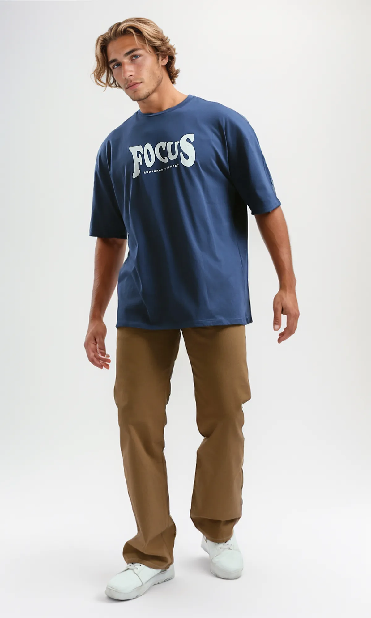 O182396 Front & Back Printed Jeans Blue Round Neck Tee