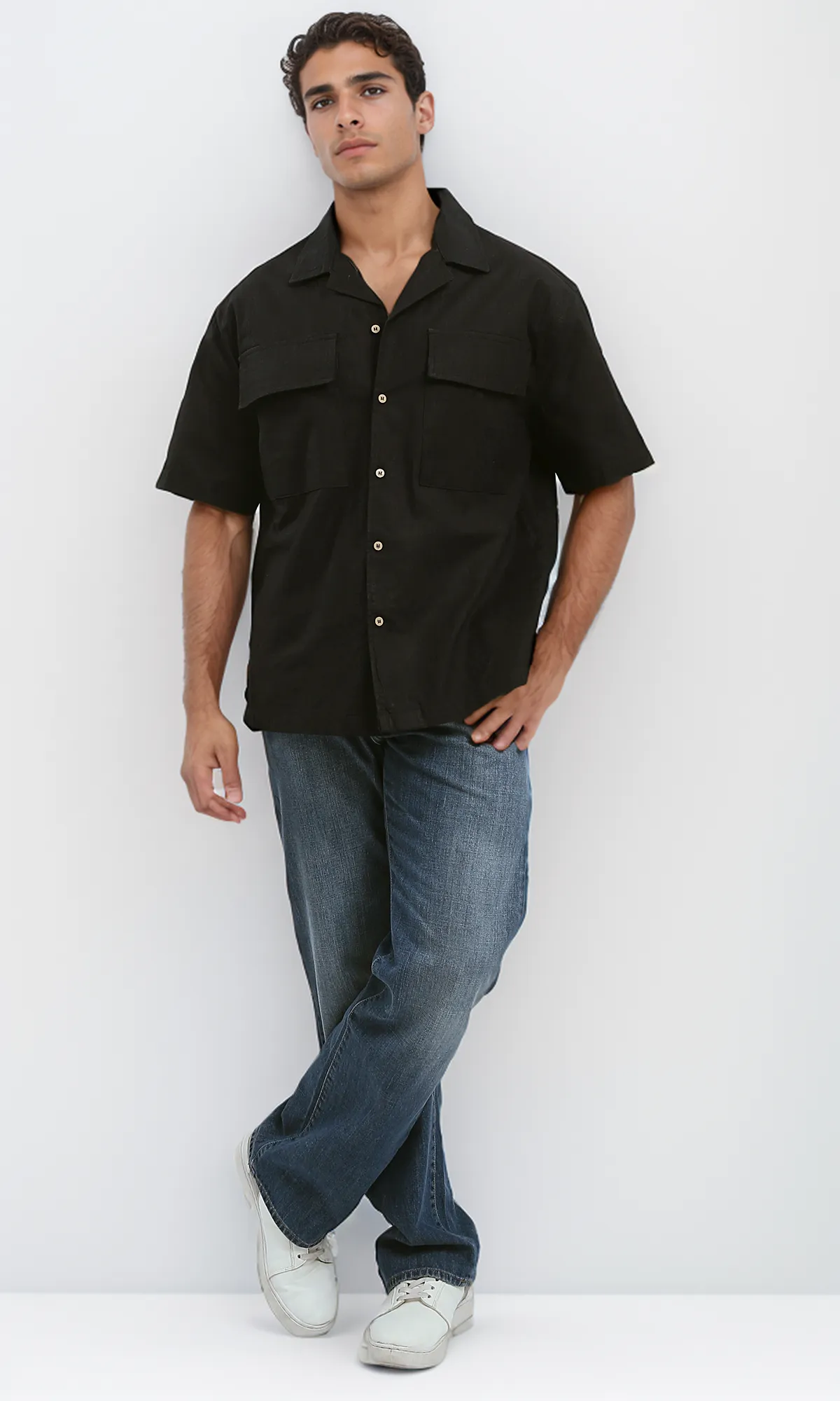 O188293 Black Textured Shirt With Front Pockets
