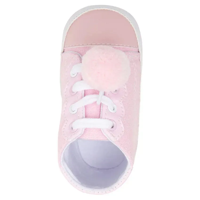 Playful Pompom Charm: Baby Girl Soft Canvas Shoes with Laces