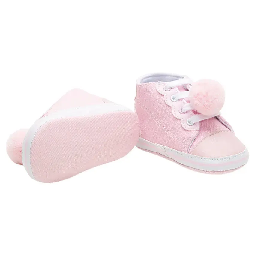 Playful Pompom Charm: Baby Girl Soft Canvas Shoes with Laces